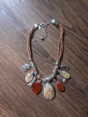 Chicos Boho Tan and Amber Pendant Statement Necklace